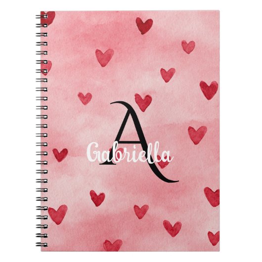 Roze Rood Hart Monogram Naam Notitieboek (Voorkant)