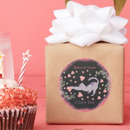 Roze Rood Ik Hou Van Je Kat Moderne Valentijnsdag Ronde Sticker (Feest)