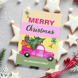 Roze Rood Kerst Trunk Waterverf Kunst Feestdagenkaart