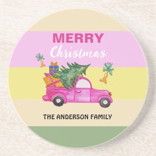 Roze Rood Kerst Trunk Waterverf Kunst Zandsteen Onderzetter (Voorkant)