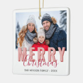 Roze Rood Kerstscript Familie Foto Keramisch Ornament (Links)
