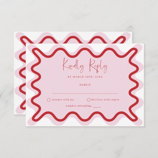 Roze Rood Levendige Wavy Border RSVP-kaart Informatiekaartje (Voorkant / Achterkant)