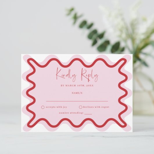 Roze Rood Levendige Wavy Border RSVP-kaart Informatiekaartje (Staand voorkant)