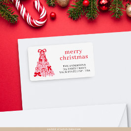 Roze Rood Lint Merry Christmas Adreslabel Etiket