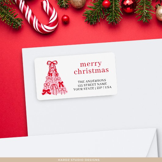 Roze Rood Lint Merry Christmas Adreslabel Etiket