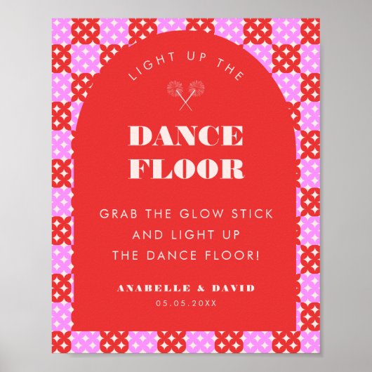 Roze Rood Mid Century Mod Dance Floor Trouwbord Poster (Voorkant)