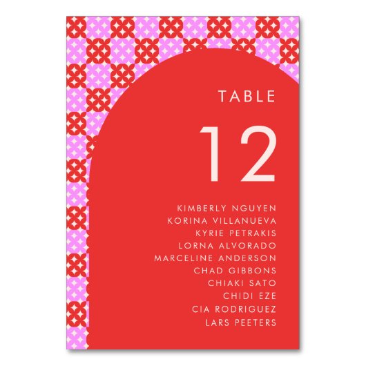 Roze & Rood Mid Century Zittingkaart Namen Bruilof Kaart (Achterkant)