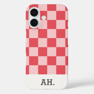 Roze Rood Modern Monogram Geruit  iPhone 16 Hoesje