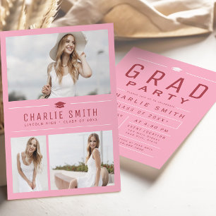 Roze Rood Moderne Typografie Foto Afstudeerfeest Kaart