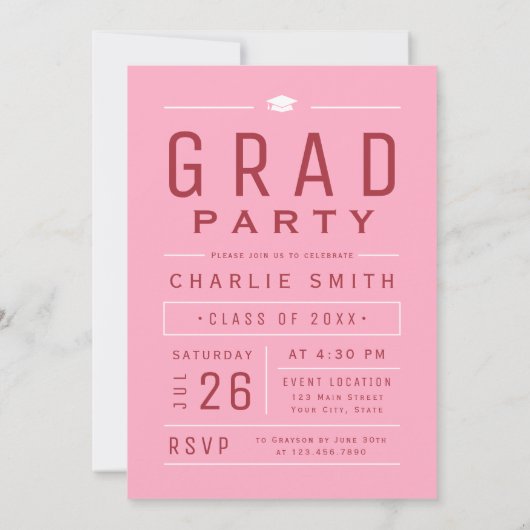 Roze Rood Moderne Typografie Foto Graduation Party Kaart (Achterkant)