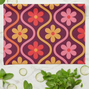 Roze Rood Oranje Bloemen op Retro Ogee Patroon Theedoek