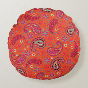 roze rood oranje paisley patroon, boho paisley rond kussen