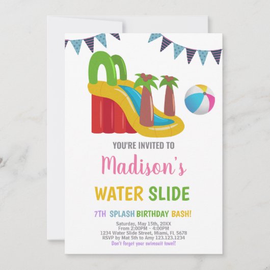 Roze Rood Paarse Water Slide Uitnodigingen (Voorkant)