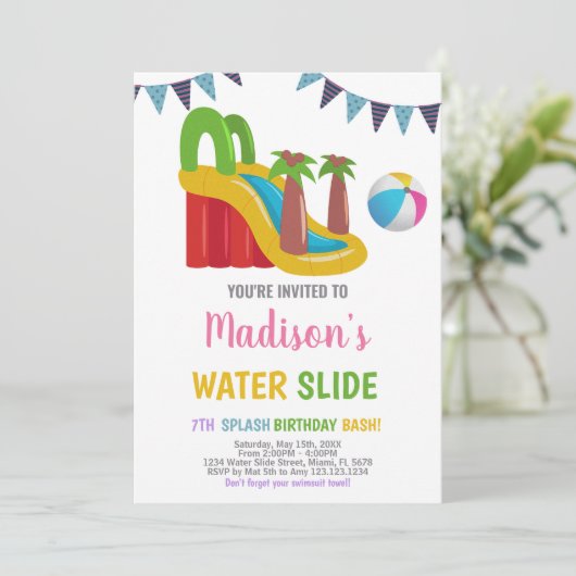 Roze Rood Paarse Water Slide Uitnodigingen (Staand voorkant)