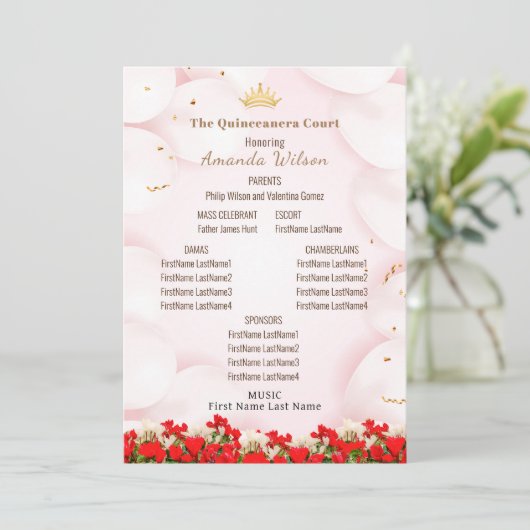Roze Rood Quinceanera Viering Bewerkbaar Programma (Staand voorkant)