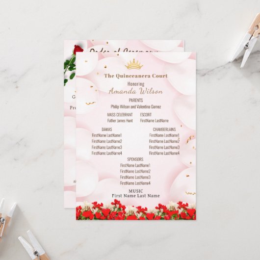 Roze Rood Quinceanera Viering Bewerkbaar Programma (Voorkant / Achterkant in situ)