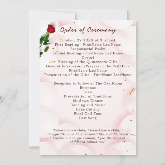 Roze Rood Quinceanera Viering Bewerkbaar Programma (Achterkant)