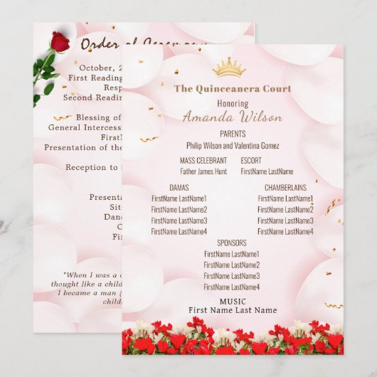 Roze Rood Quinceanera Viering Bewerkbaar Programma (Voorkant / Achterkant)