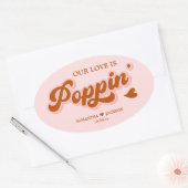 Roze Rood Retro 70s Boho Popcorn bruiloft gunst Ovale Sticker (Envelop)