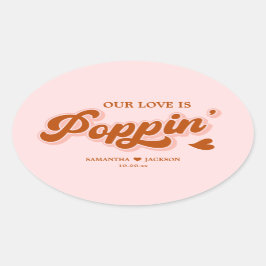 Roze Rood Retro 70s Boho Popcorn bruiloft gunst Ovale Sticker