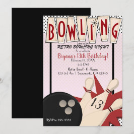 Roze Rood Retro Bowling Bal Verjaardagsfeestje 's  Kaart