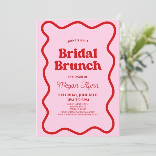 Roze Rood Retro Golflijn Bruidsdiner Brunch Kaart (Staand voorkant)