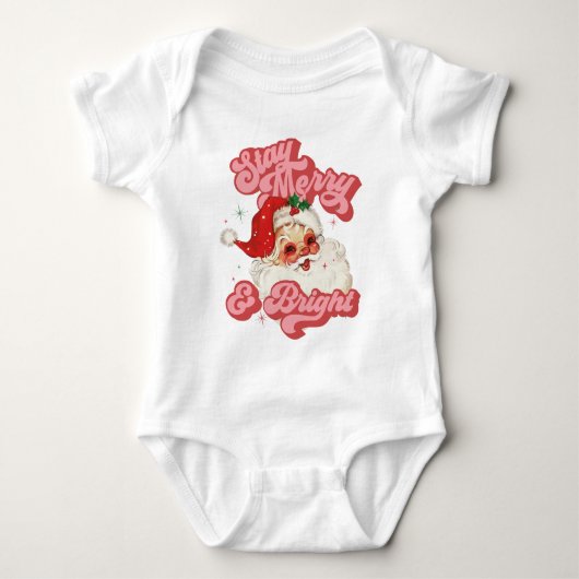 Roze Rood Retro Groovy Santa Stay Vrolijk en helde Romper (Voorkant)