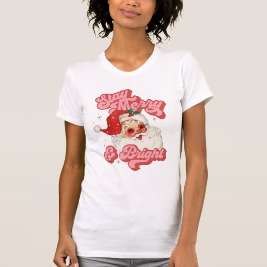 Roze Rood Retro Groovy Santa Stay Vrolijk en helde T-shirt (Voorkant)