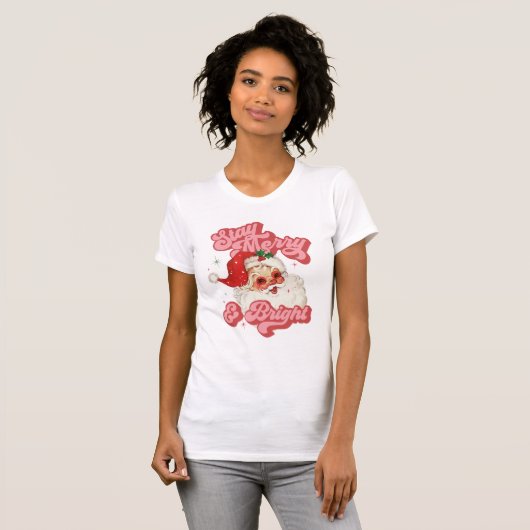 Roze Rood Retro Groovy Santa Stay Vrolijk en helde T-shirt (Voorkant volledig)