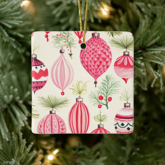 Roze Rood Retro Kerst Ornament (Boom)