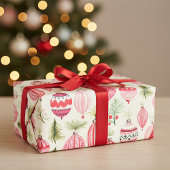 Roze Rood Retro Kerst Ornamenten Inpakpapier Vel