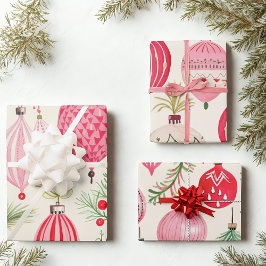 Roze Rood Retro Kerst Ornamenten Inpakpapier Vel