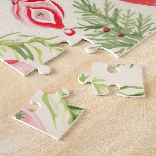 Roze Rood Retro Kerst Ornamenten Jigsaw Puzzel (Zijkant)