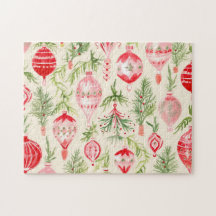Roze Rood Retro Kerst Ornamenten Jigsaw Puzzel