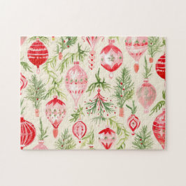 Roze Rood Retro Kerst Ornamenten Jigsaw Puzzel