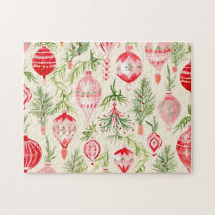 Roze Rood Retro Kerst Ornamenten Jigsaw Puzzel