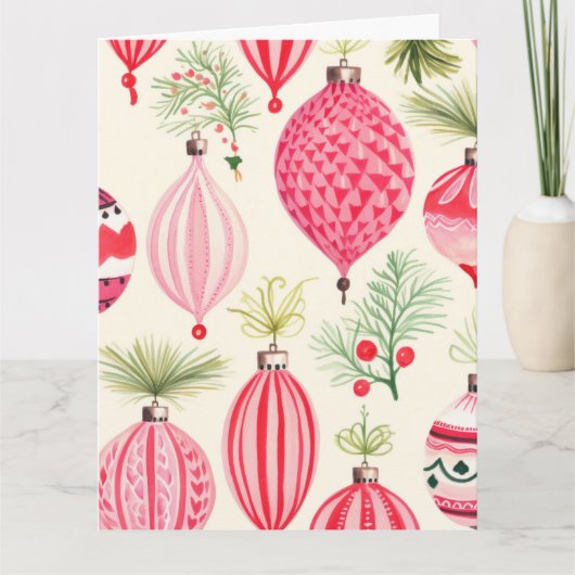 Roze Rood Retro Kerst Ornamenten Kaart (Voorkant)