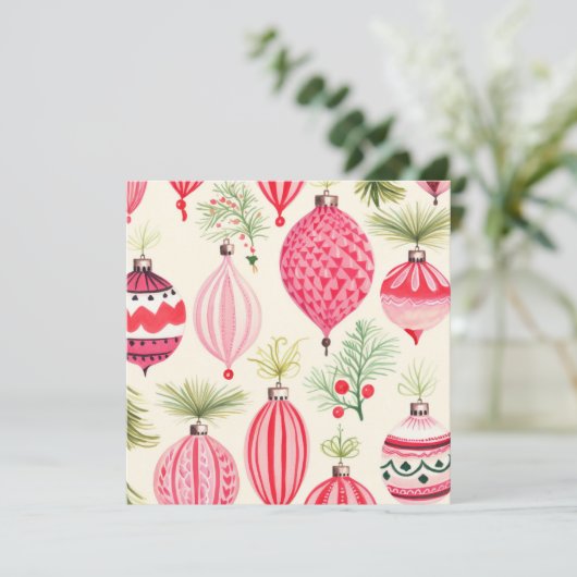 Roze Rood Retro Kerst Ornamenten Kaart (Staand voorkant)