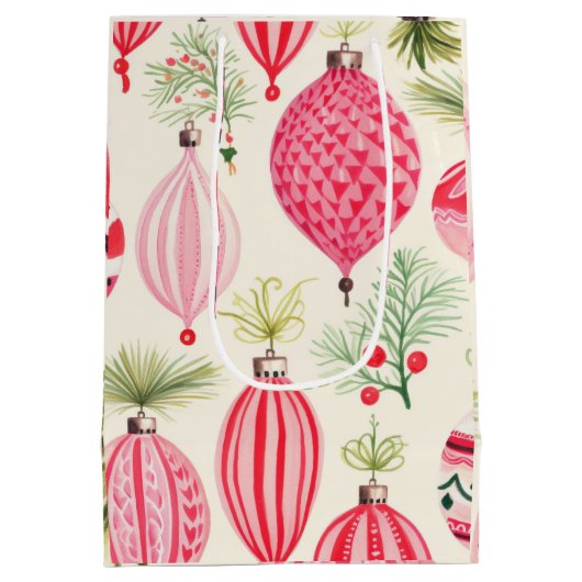 Roze Rood Retro Kerst Ornamenten Medium Cadeauzakje (Achterkant)