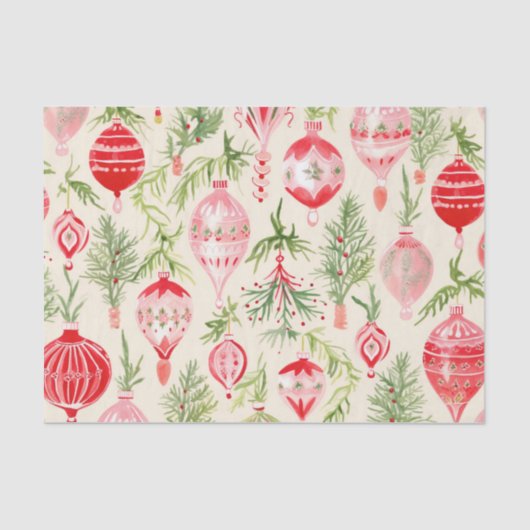 Roze Rood Retro Kerst Ornamenten Plezier Tissuepapier (Voorkant)
