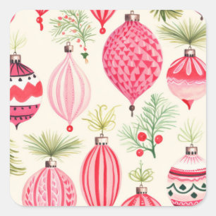 Roze Rood Retro Kerst Ornamenten Vierkante Sticker