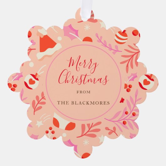 Roze Rood Retro Kerstmis Ornament Kaart (Voorkant)