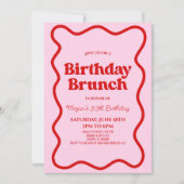 Roze Rood Retro Wavy Border Verjaardag Brunch Part Kaart (Voorkant)