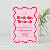 Roze Rood Retro Wavy Border Verjaardag Brunch Part Kaart (Staand voorkant)