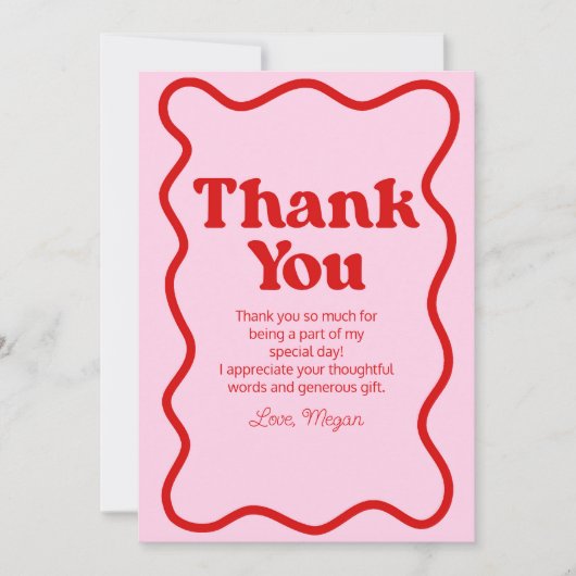 Roze Rood Retro Wavy Border Verjaardagsfeest Bedankkaart (Voorkant)
