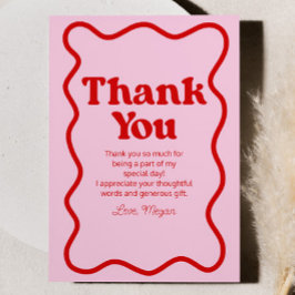 Roze Rood Retro Wavy Border Verjaardagsfeest Bedankkaart