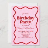 Roze Rood Retro Wavy Border Verjaardagsfeest Kaart (Voorkant)