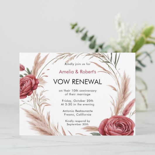 Roze Rood Rose Boho Pampas Gelofte Vernieuwing Kaart (Staand voorkant)