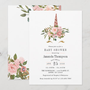 Roze Rood & Roze Goud Bloem Eenhoorn Baby Shower Kaart