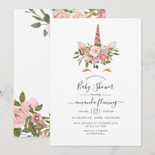 Roze Rood & Roze Goud Bloem Eenhoorn Baby Shower Kaart